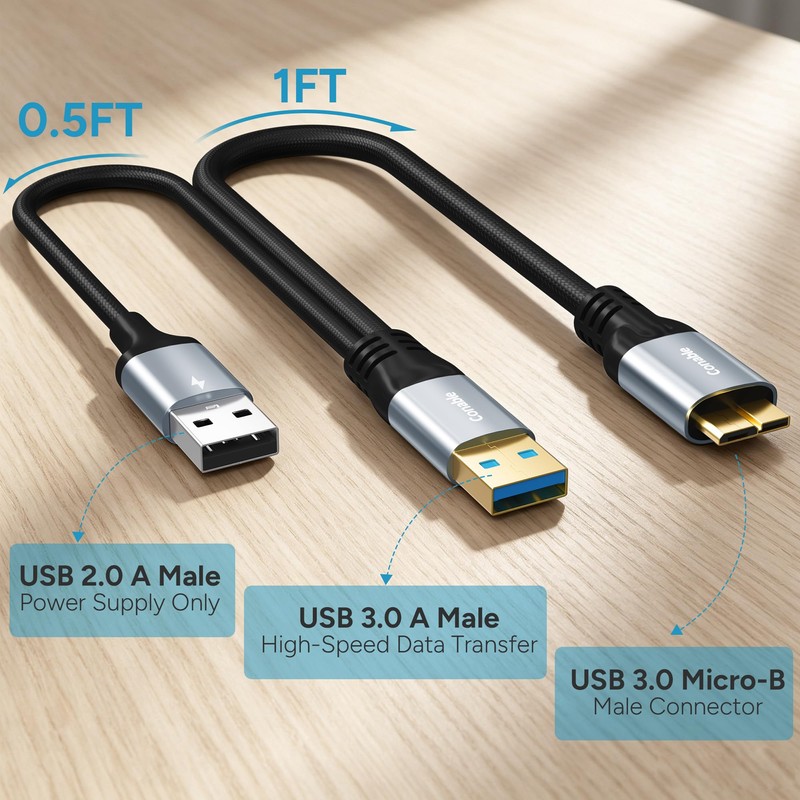 Conable Micro USB 3.0 to USB Splitter Cable 1FT, Micro-B