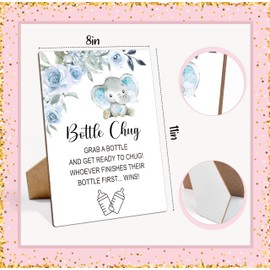 Baby Shower Games Bottle Chug Sign-8x11 Inches Blue Elephant Wooden Sign Baby Gift for Baby Shower Gender Reveal Party, Gender Neutral Baby Bottle Shower Party Games Favors Supplies-5