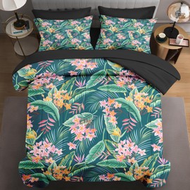 WeCozy 7 Pcs Queen Size Comforter Set with 2 Pillowcases & 2 Shams, Flower Hawaii Palm Leaf Bedding for Kids and Adults, Floral Tropical Leaves Bed in a Bag with Flat Fitted Sheet