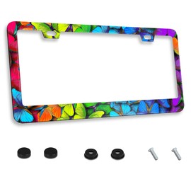 Rainbow Butterflies License Plate Frame Stainless Steels Butterfly Car Tag Holder Frames with 2 Holes and Screws 12 x 6 Inch Decoration for US Vehicles Standard for Women Men