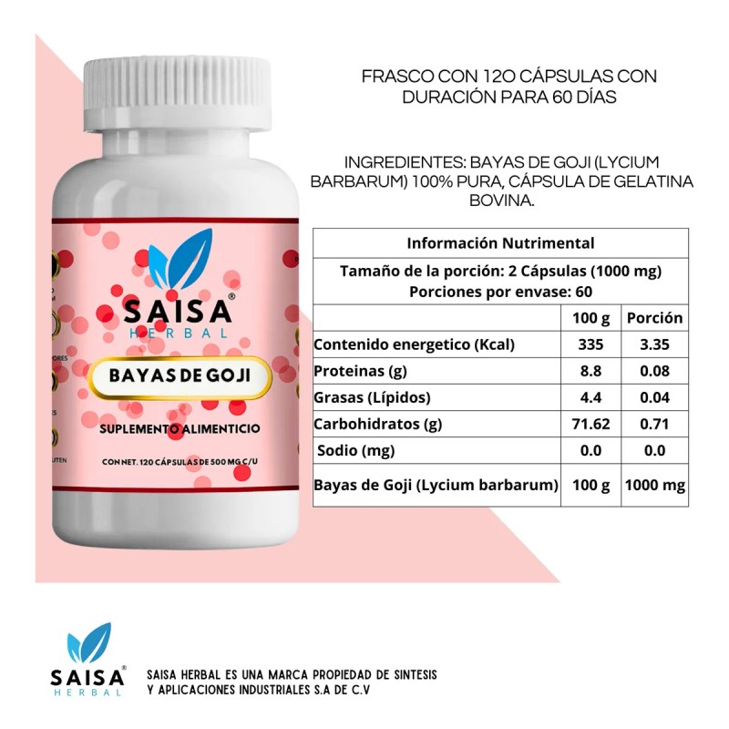 Bayas De Goji 100% Pura Con 120 Cápsulas | Suplemento