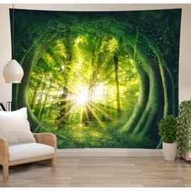 Hoisy Green Misty Forest Tapestry Wall Hanging Large Boho Tapestry Wall Hanging 200X200 cm Bedroom Decor