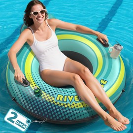 53" Heavy Duty River Tube Float for Adults, Inflatable River Raft Float for Pool Lake Beach w/Built-in Cup Holders, Ergonomic Backrest, Durable Grip Handles & Grab Rope, 360Lb Weight Capacity-2 Pack