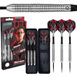 Harrows Damon Heta Natural 90% Tungsten Steel Tip Darts Set 21g, 23g & 25g - Includes Black Alamo Shafts, Damon’s Signature Flights & Travel Case
