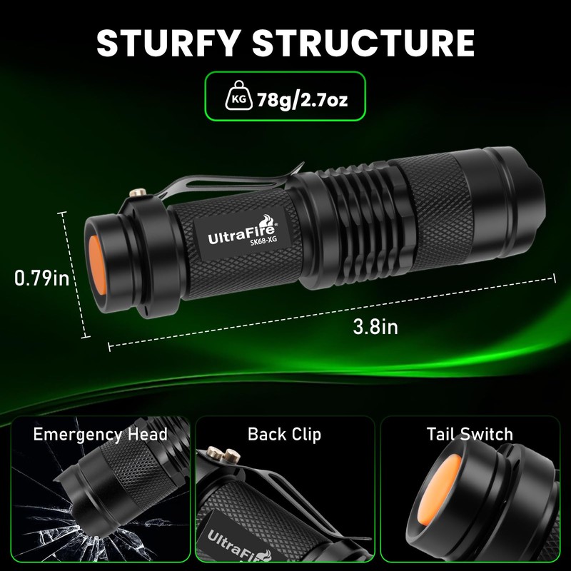 ULTRAFIRE 2 Pack Rechargeable Mini Green Light Flashlight, Single Mode