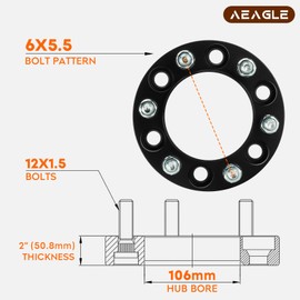 AEagle 6X5.5 Hubcentric Wheel Adapters, 2" 6x139.7 for 1996-2022 4Runner 2007-2014 FJ Cruiser 2003-2009 GX470, Forged 6 Lug Wheel Spacers with 12x1.5 Studs 106mm Bore 4PCS