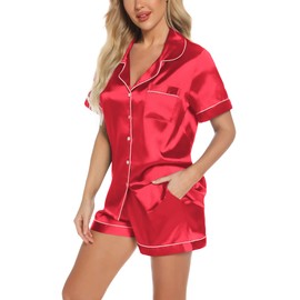 Pjmlifecoco Satin Pajama Set for Women Wedding Silk Pajamas Short Sleeve 2 Piece Sleepwear Button Down Lounge Pjs Sets Red