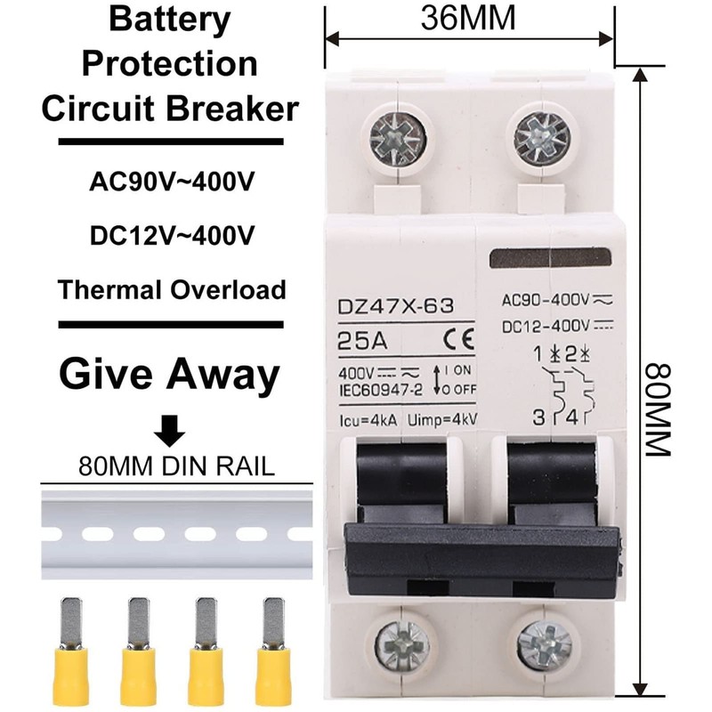 AC DC Circuit Breaker 2P 25A 400V DIN Rail Mount