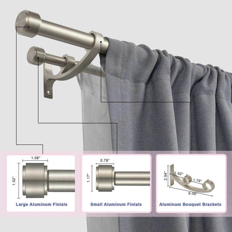 Lwiiom Double Curtain Rods with Aluminum Bouquet Brackets and End