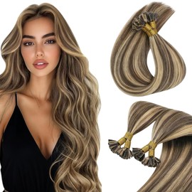 Sunny Hair U Tip Hair Extensions Human Hair Dark Brown Highlights Caramel Blonde U Tip Hair Extensions 20inch K Tips Hair Extensions Human Hair for Party 50g