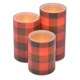 Mark Feldstein & Associates Buffalo Plaid Winter Holiday LED Flameless Pillar Candles, Set of 3, Red and Black, 6 Inch