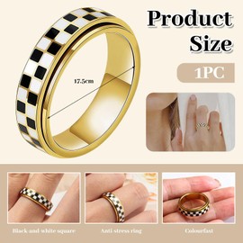 BelleVive Checked Fidget Ring for Adults, 18K Gold Plated Stainless Steel, Rotating Spinner Jewellery, Gift for Relieving Anxiety and Stress for Women/Men, Size 8