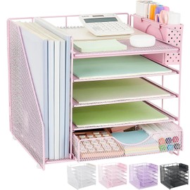 OUTIOE Desk Organizer with Drawer and Pen Holder, 5-Tier Paper Letter Tray Organizer with File Holder, Suitable for Workspace Organizer Office Supplies Storage (Pink)