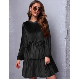 Zeagoo Women's Long Sleeve Elegant Velvet Dress Round Neck Ruffle A Line High Waist Casual Dresses Winter Dress with Pockets, black