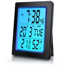 Digital Alarm Clock for Bedrooms, Bedside Clock with 3,5" (9cm) LCD Display Backlight, Thermometer Indoor Temperature Humidity, Snooze Clock, Date and Day, silent alarm clock for Office Kids Elder