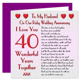 My Husband 40th Wedding Anniversary Card - On Our Ruby Anniversary - 40 Years - Sentimental Verse I Love You