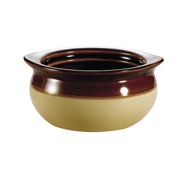 CAC China OC-10-C 10-Ounce Stoneware Round Onion Soup Crock, 4-5/8 by 2-1/4-Inch, Cream/Brown, Box of 24