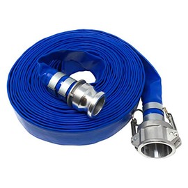 Gloxco 1-1/2" x 25′ Blue Lay Flat PVC Hose Assembly with Aluminum Cam and Groove C and E Fittings used with a Sump Pump or Water Transfer Pump for Water Discharge, Pool Drain or Backwash