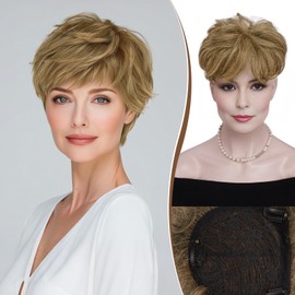RUWISS Short Hair Toppers for Women Real Human Hair, 5x5.5 Base Pixie Cut with Bangs, Light brown（Brown with 35% Blonde）