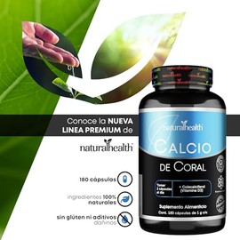 Natural Health. Calcio de Coral + Vitamina D3. Frasco con 180 Cápsulas 1g.