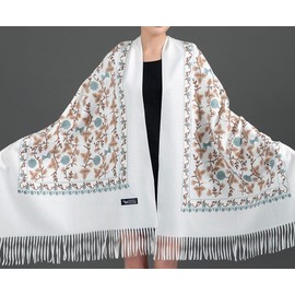 GFM® EMBSHL-1-OSFD Embroidered Cashmere Texture Wool Pashmina Scarf Autumn Winter Off White, off-white