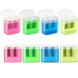 JEFURE Pencil Sharpener with Container, 8 Pieces, 4 Colours, Pencil Sharpener with Double Holes and Lid, Handheld Pencil Sharpener for Thick and Thin Pencils, Children's Sharpener, Can Sharpener for