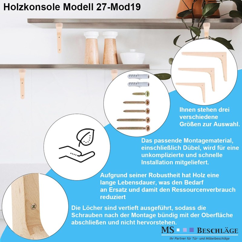 MS Beschläge Wooden Console Single or Pair Shelf Brackets Beech