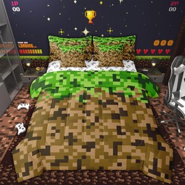 Miners Style Square Grid 7Pcs Comforter Set Twin Size,Brown Green Army Camo Bedding Set for Kids Boys Teens Men Room Decor,Cartoon Gamepad Reversible Bed in a Bag Pixelated Games Flat Fitted Sheet