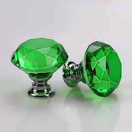 30mm Crystal Glass Door Knobs Diamond Cut Drawer Pull Handles with M4*22mm Screws for Cupboard Cabinet Wardrobe Home Decorating Silver Base Green