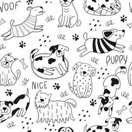 EPPKILY Black and White Dog Wallpaper Peel and Stick White Contact Paper Animal Nursery Wallpaper Fun Puppy Self Adhesive Contact Paper for Walls Kids Room Bedroom Cabinet Liner Dog Decor 17.5"x102"