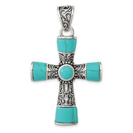 Million Charms 925 Sterling Silver Synthetic Turquoise Antiqued Cross Necklace Charm Pendant with 18 Inch Chain