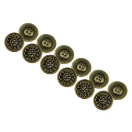 RECHERE 12 botones de metal planos con diseño de flores, 4 agujeros para manualidades y adornos de costura (bronce antiguo, 18 mm)