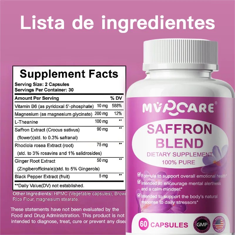 90mg Azafrn Puro Orgnico Saffron Blend 60 Capsulas Saffron Suplemento