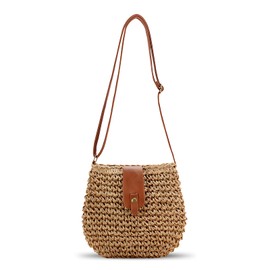 Bototack Straw Beach Bag for Women, Small Summer Crossbody Bag with Zipper, Bohemian Weave Handmade Shoulder Handbags for Beach Vocation Holiday (Khaki)