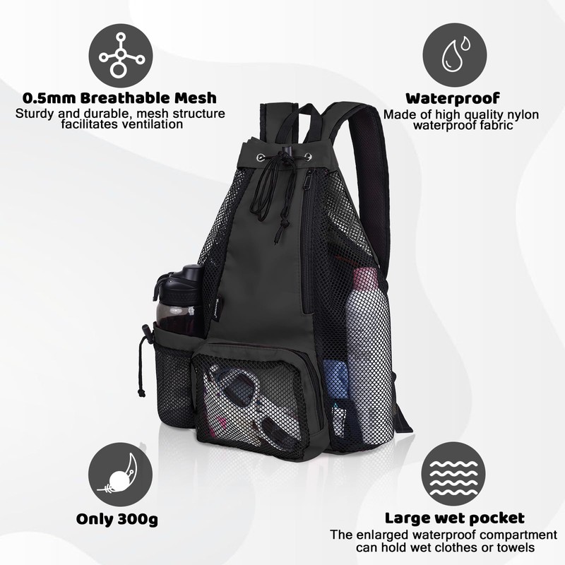 Timoxi Swim Bag Beach Backpack with Padded Shoulder Strap Mesh