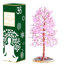 Rose Quartz Gemstone Tree of Life- Natural Reiki Crystals Gemstone Chakra Tree for Positive Energy, Geode Agate Slice Base, Feng Shui Decor, Good Luck Money Bonsai, Healing Stones, Spiritual Gift