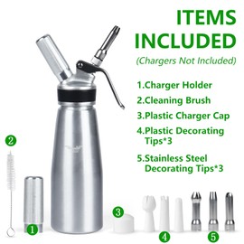 NATUREKIT Homemade Whipped Cream Dispenser,Large 500ml / 1 Pint Capacity Cream Whip Canister with 6 Decorating Nozzles and Cleaning Brush,Leak Free Whipped Cream Maker for Desserts, Dips, Sauces