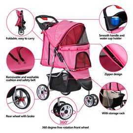 Epetlover 3 Wheels Dog Stroller Folding Pet Strolling Cart for Small Medium Cats Puppies Portable Jogger Travel Camping Puppy Carrier with Storage Basket Cup Holder, Pink