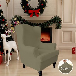 Easy-Going Stretch Wingback Chair Sofa Slipcover 1-Piece Sofa Cover Furniture Protector Couch Soft with Elastic Bottom Polyester Spandex Jacquard Fabric Small Checks(Wing Chair,Khaki)