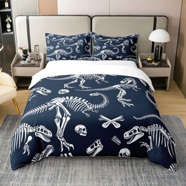 Feelyou Dinosaur Skull Bedding Set for Kids Boys Girls Teens Toddler Sugar Skull Comforter Cover Set Twin Size Dinosaur Skeleton Duvet Cover 100% Cotton Navy Blue Bedspread Cover 2Pcs