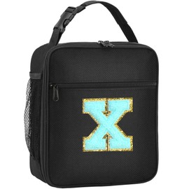 Initial Insulated Lunch Bag, Lunch Box with Initial Letter Patch for Teen Adult, Reusable Lunch Bag for Men Women, Ideal Back to School Gift Birthday Gift, Blue X