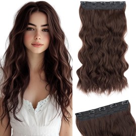 Silk-co One Piece Clip In Hair Extensions Curly 150g Hair Extensions Clip in Hairpieces 5 Clips Wavy Curly Synthetic 3/4 Half Full Head for Laides and Women 20 Inch（50 cm） Medium Brown
