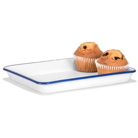 Red Co. 11" x 9" Enamelware Metal Classic 2 Quart Rectangular Serving Tray, Solid White/Navy Blue Rim