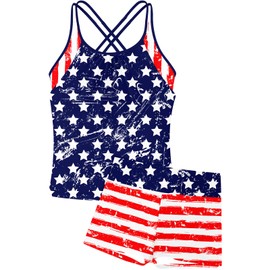 RAISEVERN Girls 4th of July Swimsuit Cute Patriotic Bathing Suits for Teens Size 8 2 Piece Adjustable Cross Straps American Flag Tween Tankini with Summer Striped Star Swim Short Size 7-8