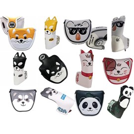 Putter Cover, Headcover, Compatible with 2 Balls, Mallet, Magnetic, Scotty Cameron, Odyssey, Pin Type, Akita, Husky, Koala, Cat (Beige for Akita Dog Pins)