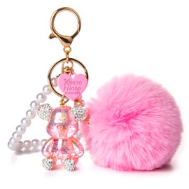 YOU WIZV Cute Gummy Bear Keychain for Women, with Fur Ball, Girls Bling Key Chians for Car Keys, Backpack, Purse Accessories, pink pom pom keychain