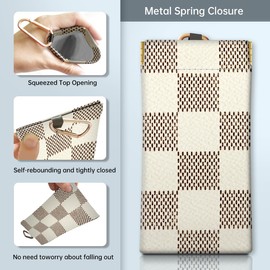 NUGGHU Sunglass Eyeglass Glasses Case Leather With Rose-Gold D Ring, Portable Cute Travel Squeeze Top Leather Soft Glasses Case, Anti-Scratch Sunglasses Bag Luxury Plaid