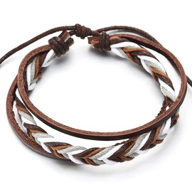 COOLSTEELANDBEYOND Mix of 4 Brown Wrap Around Strap Bracelet Men Women Multi-Strand Wooden Beads Tribal Cotton Leather Bracelet, Leather and cotton and wood, Non-applicable
