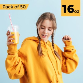 CHEF ROYALE 50 x 16oz Plastic Smoothie Cups with Dome Lids - Recyclable Cup with Lids for Smoothies and Milkshakes - Recyclable & Disposable Cups (16oz (Pack 50))