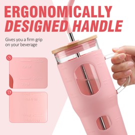 WINSA 32 oz Glass Tumbler with Lid and Straw,Glass Water Bottles with Handle,Glass Cup with Time Marker and Silicone Sleeve, Fits in Cup Holder BPA Free-Pink